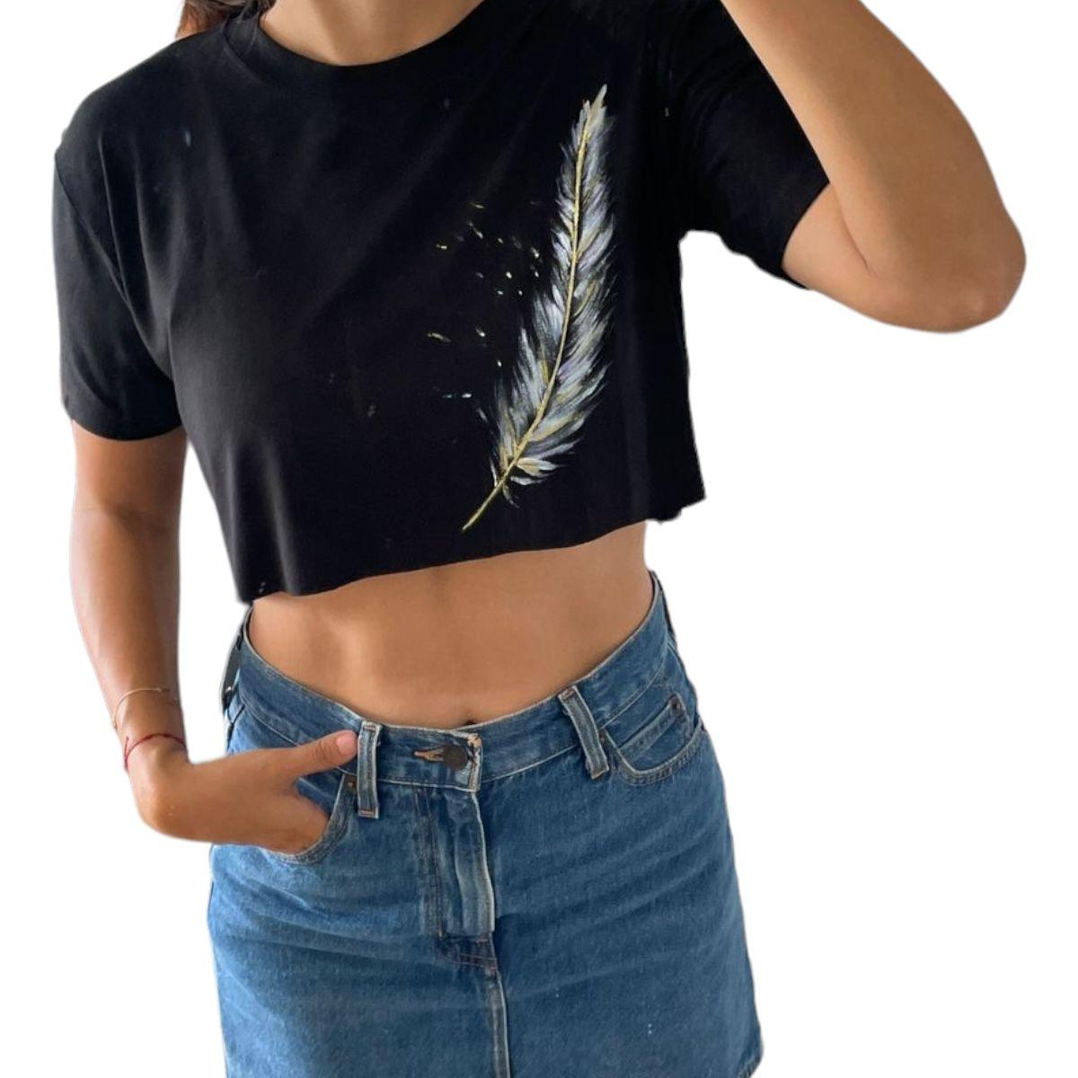 Crop Top Negro Pintado a Mano - Pieza Única - El Baúl de Mamá