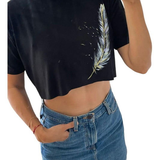 Crop Top Negro Pintado a Mano - Pieza Única - El Baúl de Mamá