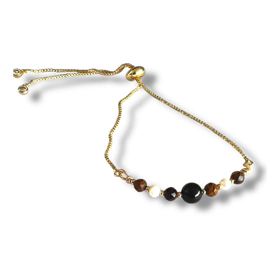 Pulsera Escudo de Energía: Turmalina, Perla y Ojo de Tigre