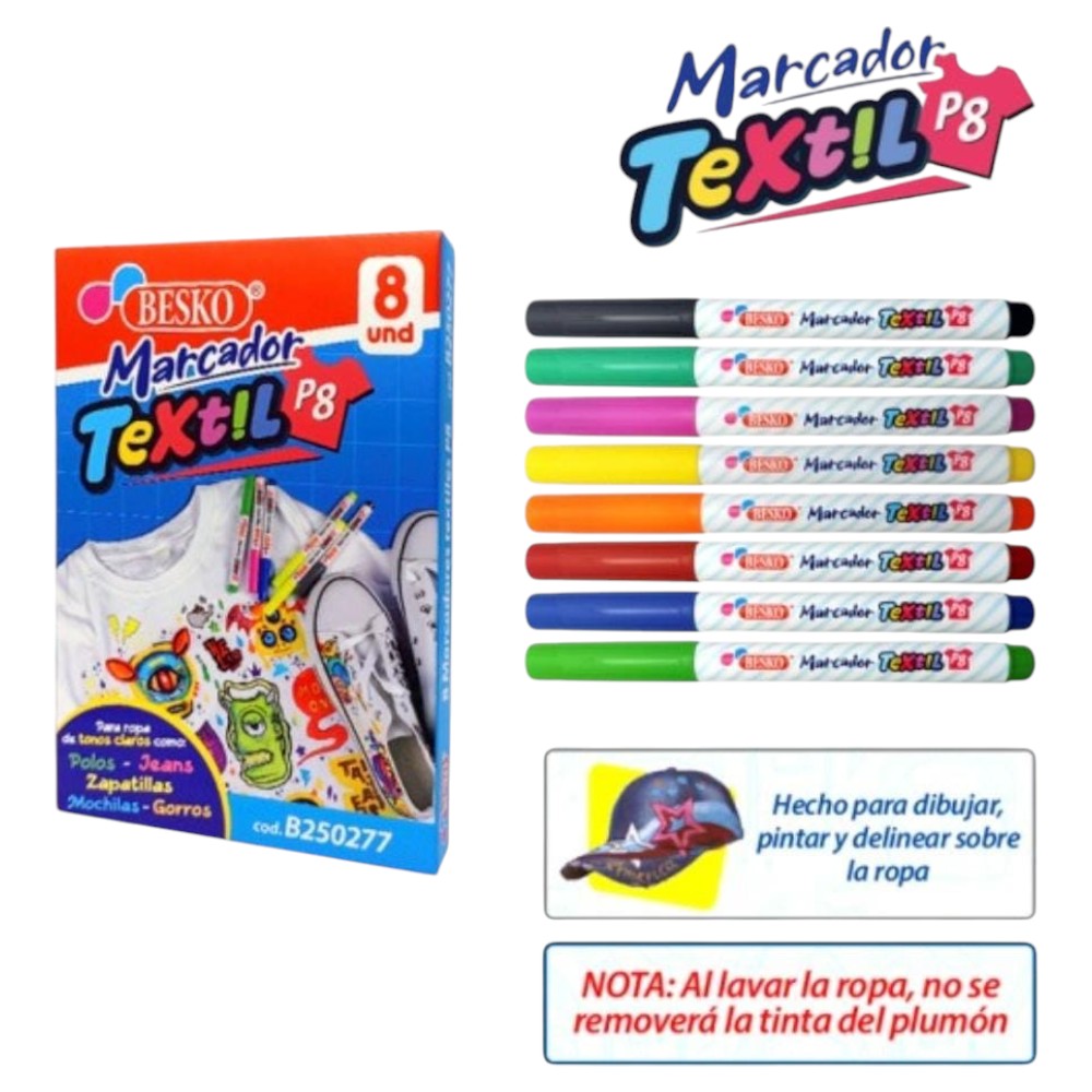 Plumones para tela - 8 und